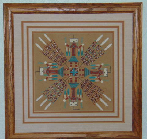 Used Navajo Framed and Matted Whirling Yei Sand Painting